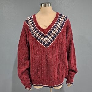 Vtg HONORS Unisex Preppy Burgundy Navy V Neck Cable Knit Tennis Sweater